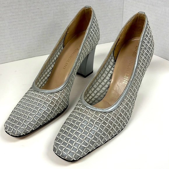 Enzo Angiolini Silver Netted Block Heels - Picture 1 of 7